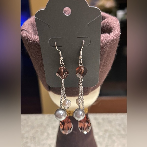 Jewelry - ❤️Elegant Brown Crystal & Pearl Drop Dangle Earrings-silver Tone
